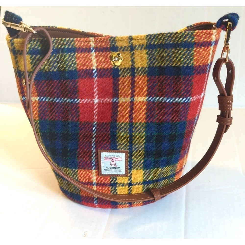 New Harris Tweed Bucket Bag Tote Bag 100% Wool Scotland Plaid Adjustable Strap